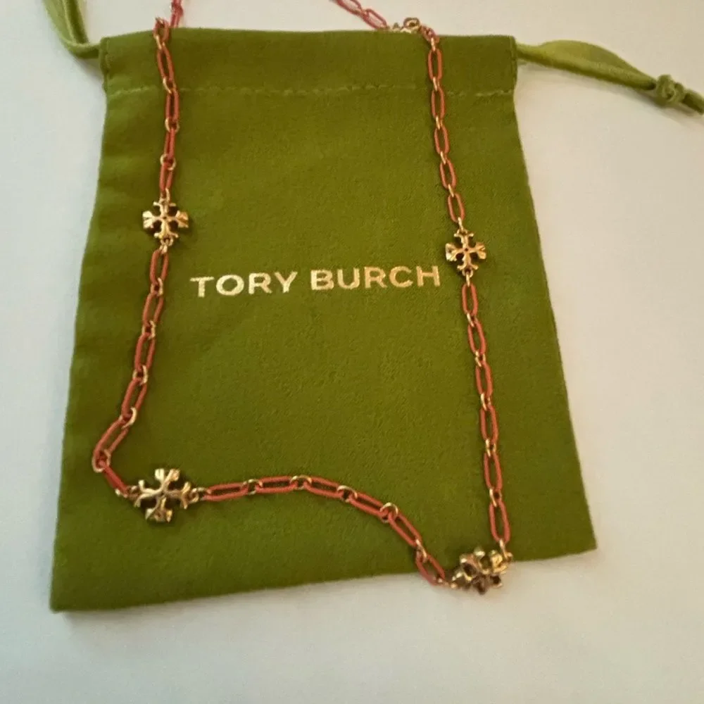 Tory Burch Rose Gold Chain Necklace with Gold Logo Accents